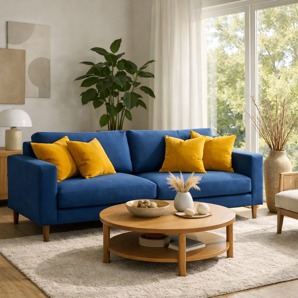 A stylish blue sofa with mustard throw pillows in a cozy living room setting