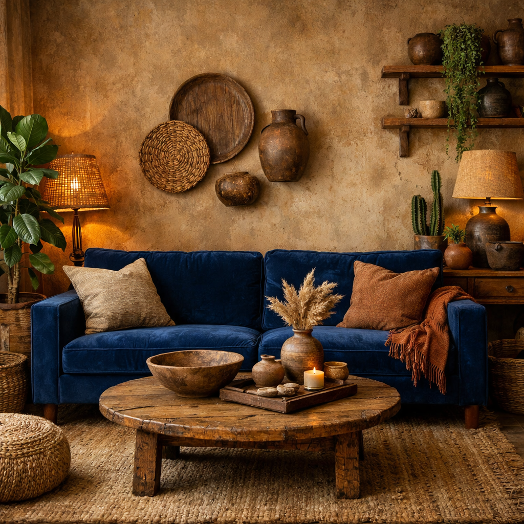 A blue velvet sofa in a living room with earthy tones, wooden accents, and plants.