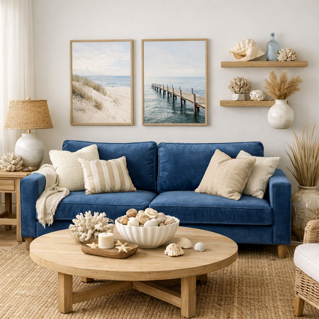 A cozy coastal living room featuring a blue velvet sofa adorned with neutral throw pillows, surrounded by natural decor elements like shells and coral.