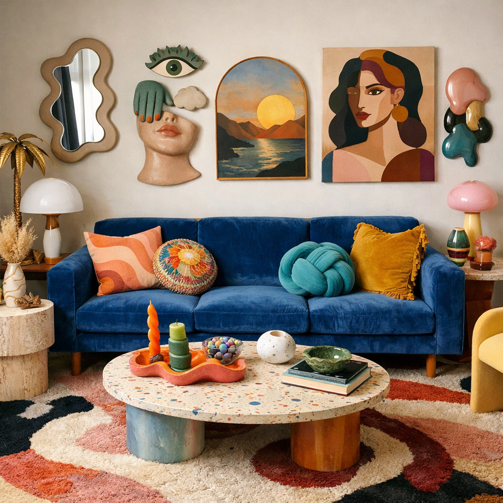 A beautifully designed living room featuring a blue velvet sofa with colorful pillows, a vibrant coffee table, and eclectic wall art.