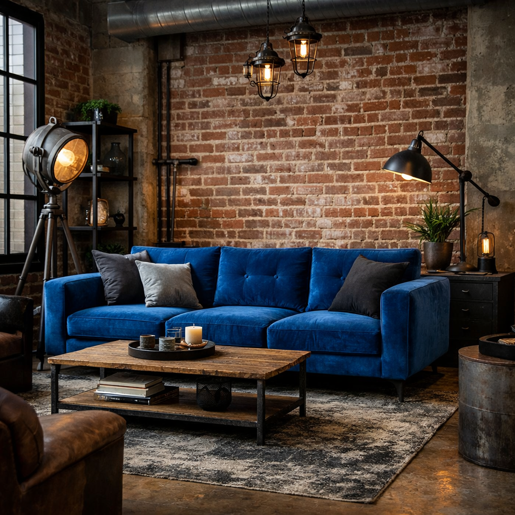 Living room featuring a blue velvet sofa alongside an industrial design with exposed brick walls and metal accents.