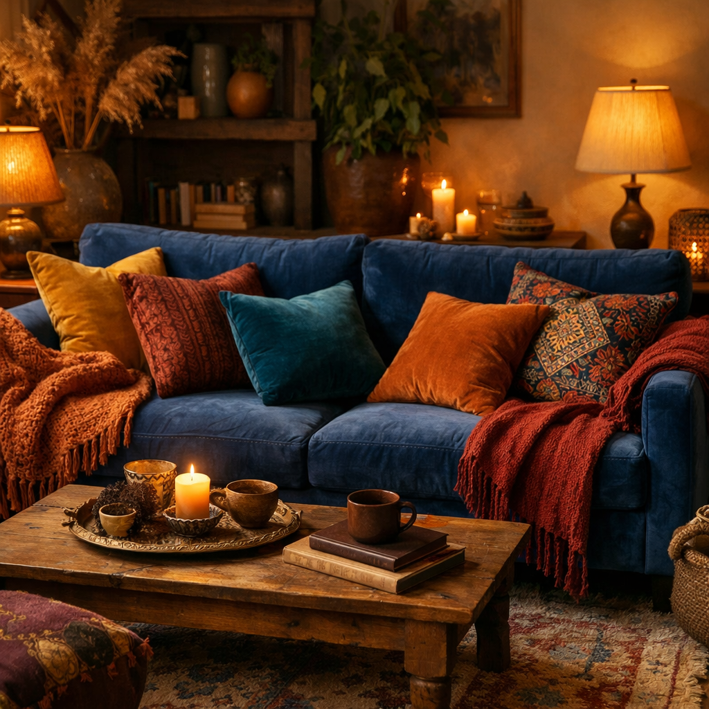 Luxurious layered textiles on a blue velvet sofa with colorful cushions and warm lighting.