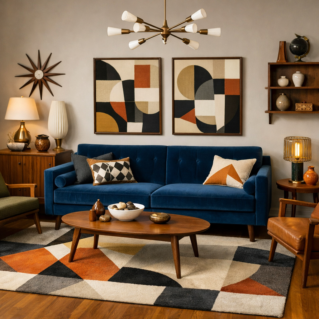 A mid-century modern living room featuring a blue velvet sofa, geometric rug, and stylish decor.