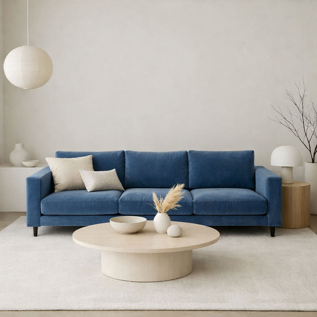A minimalist living room featuring a blue velvet sofa, round wooden coffee table, and soft decor elements.