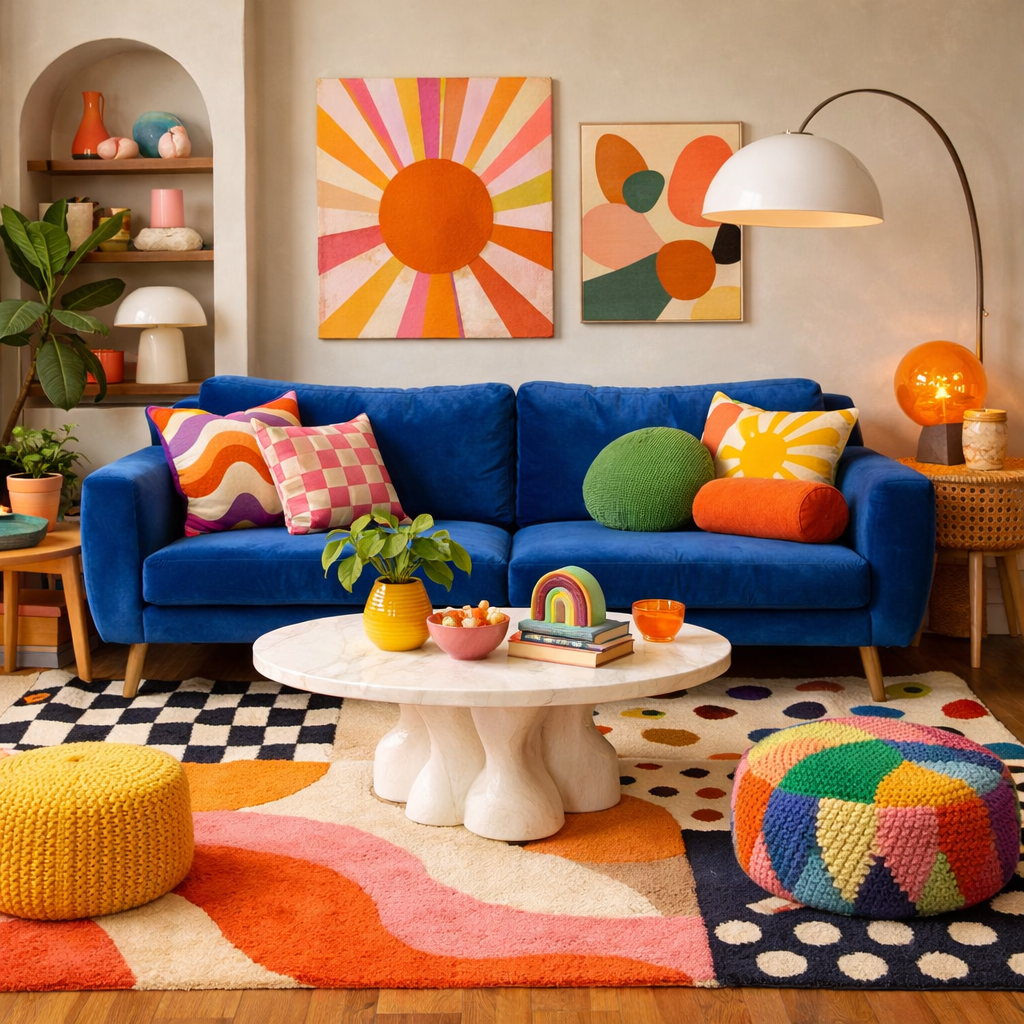 Living room featuring a blue velvet sofa adorned with playful patterned pillows, a colorful rug, and quirky decor items.