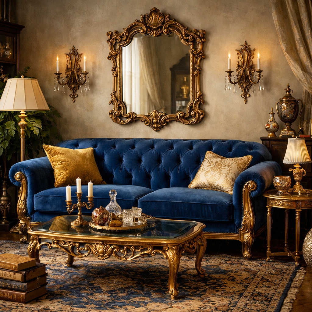 A vintage living room featuring a blue velvet sofa with gold accents, a decorative mirror, and elegant decor items.