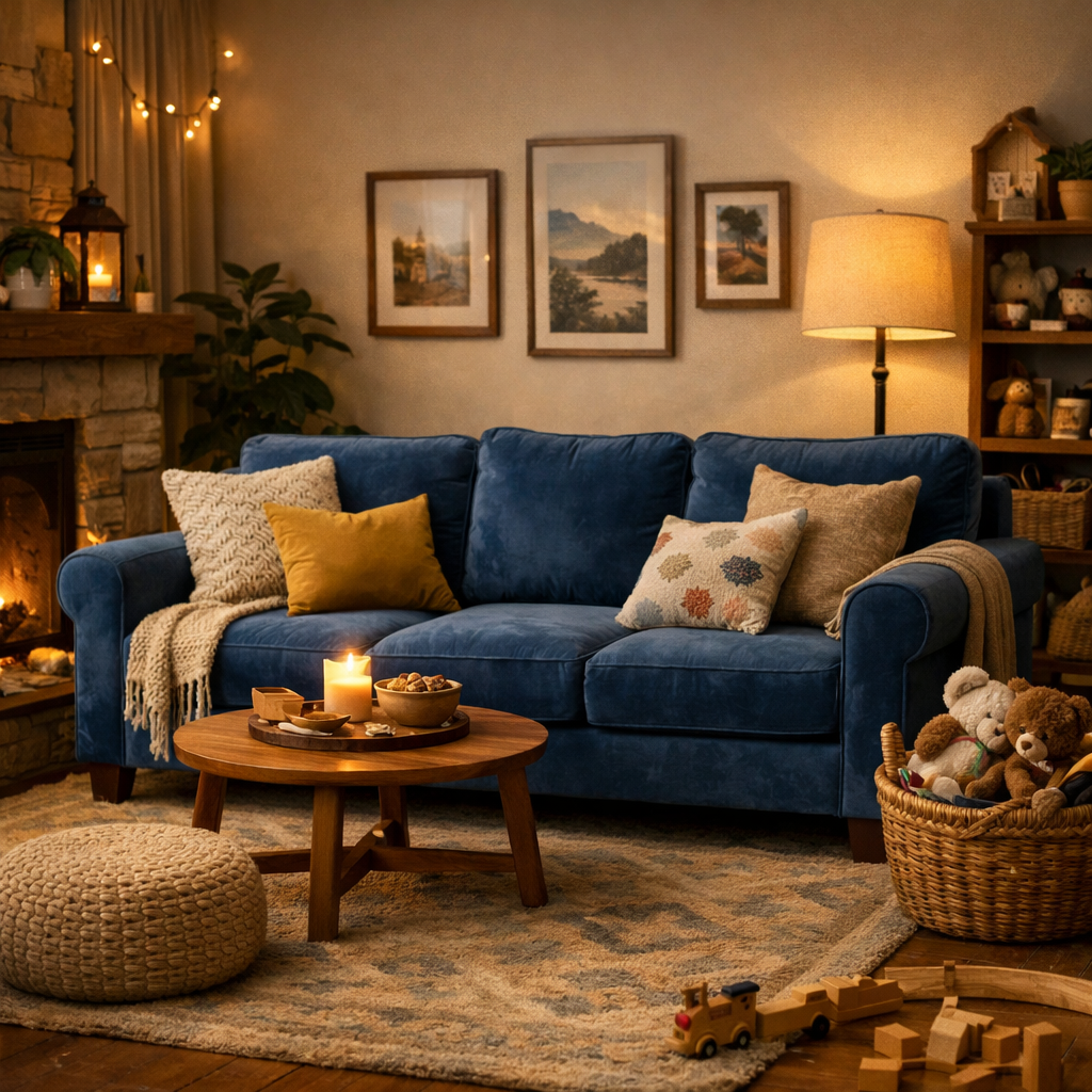 A cozy living room featuring a blue velvet sofa, wooden coffee table, warm lighting, and a family-friendly atmosphere.