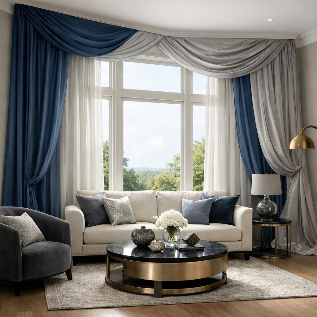 Living room with blue and grey curtains, beige sofa, grey armchair, and decorative coffee table.