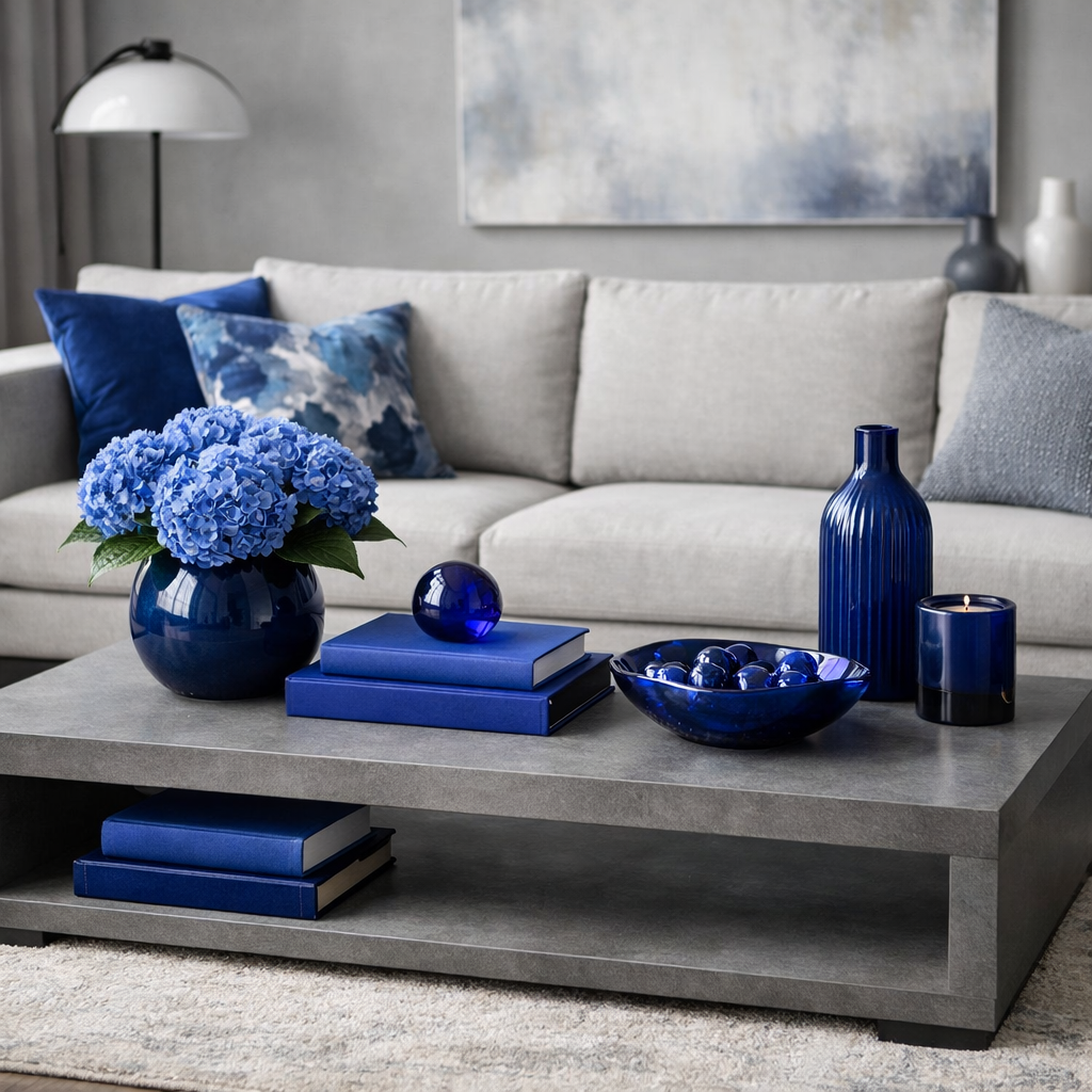 A grey coffee table with blue accents in a stylish living room setting.