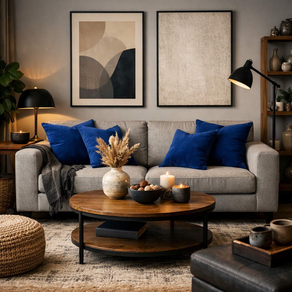 A cozy living room featuring a grey upholstered sofa with blue pillows, candles on a wooden coffee table, and stylish decor.
