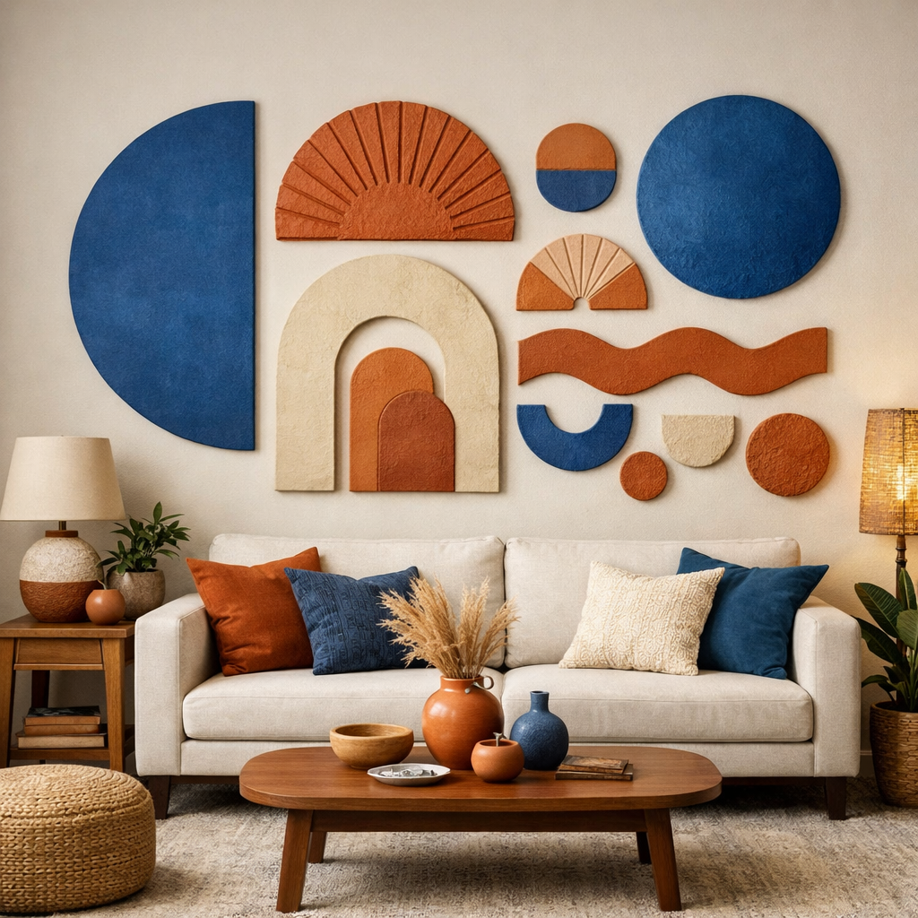 A cozy living room featuring artistic wall art with blue and terracotta elements on a light backdrop, accompanied by a comfortable sofa and decorative pieces.
