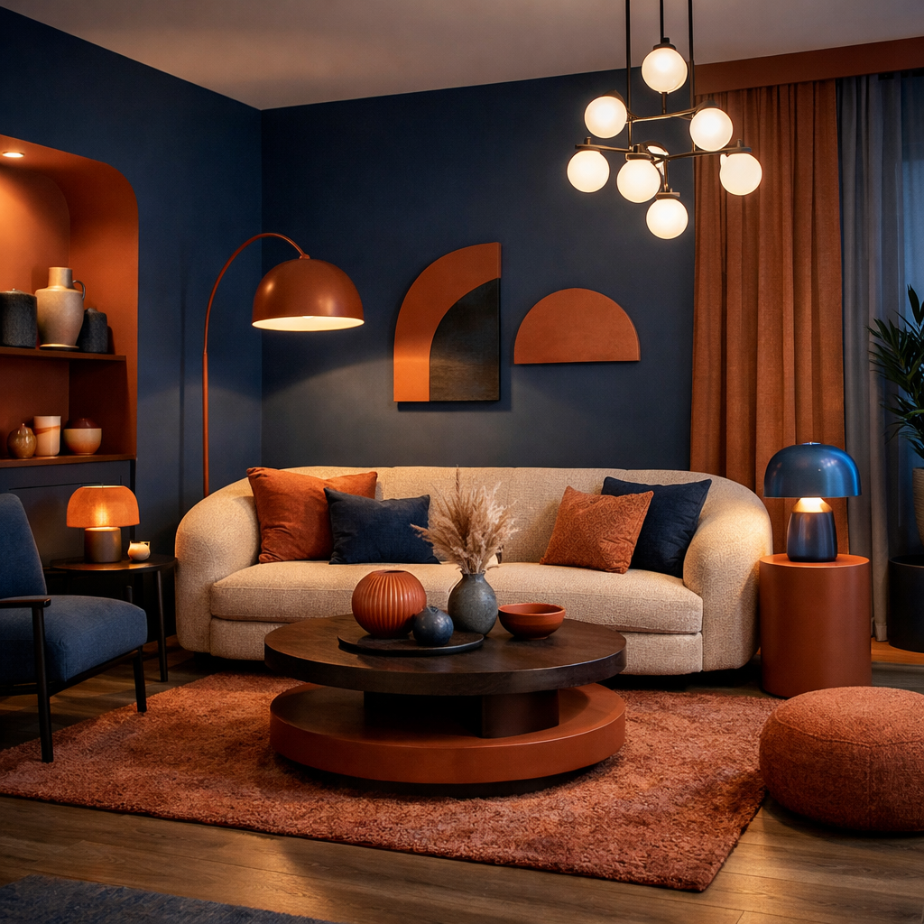 A cozy living room with blue walls and terracotta accents, featuring layered lighting elements.