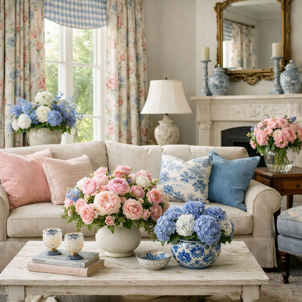 A cozy living room featuring blue and pink floral arrangements in vases, soft pink pillows, and floral drapes.
