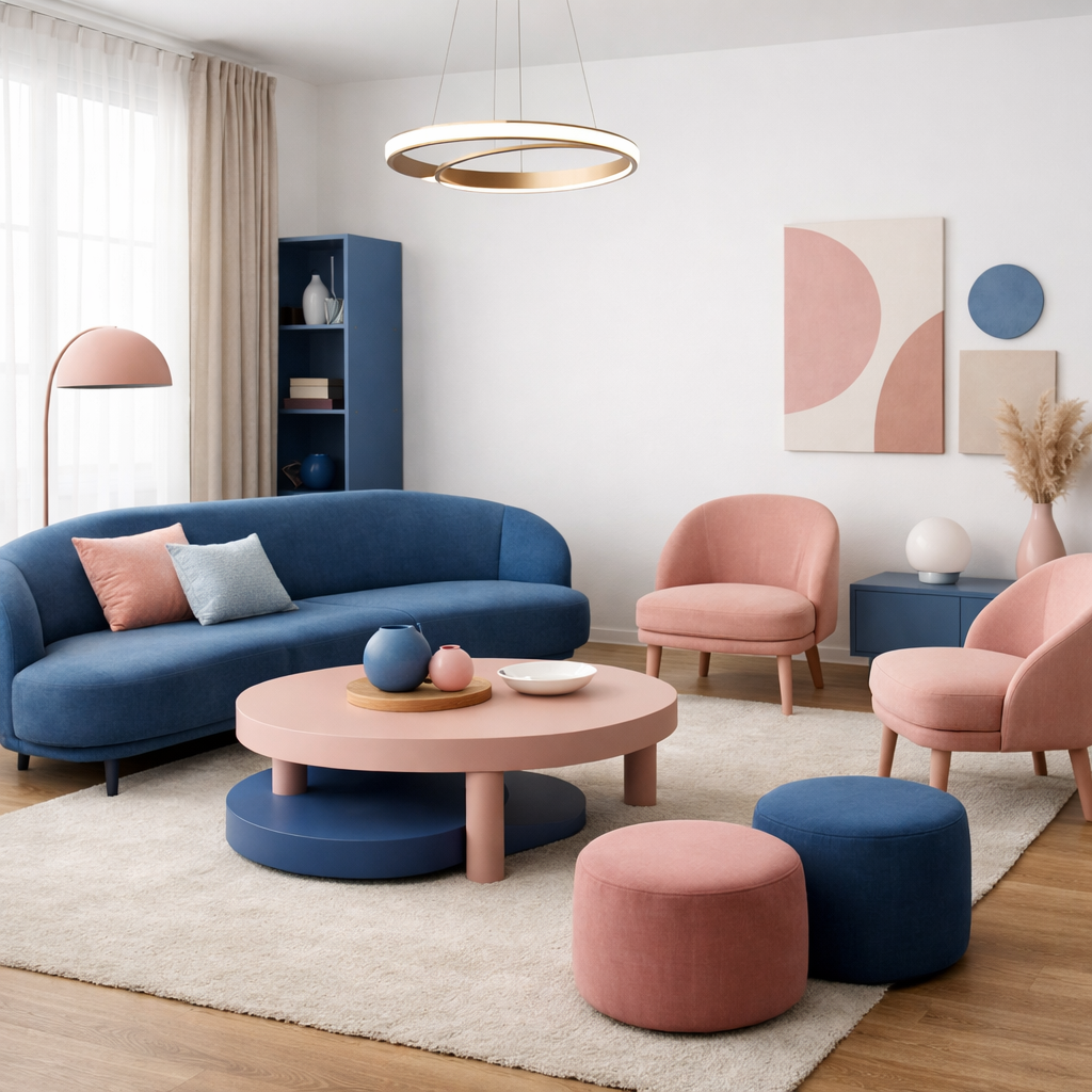 A stylish blue and pink living room with modern furniture, featuring a blue sofa, pink chairs, and a round coffee table.