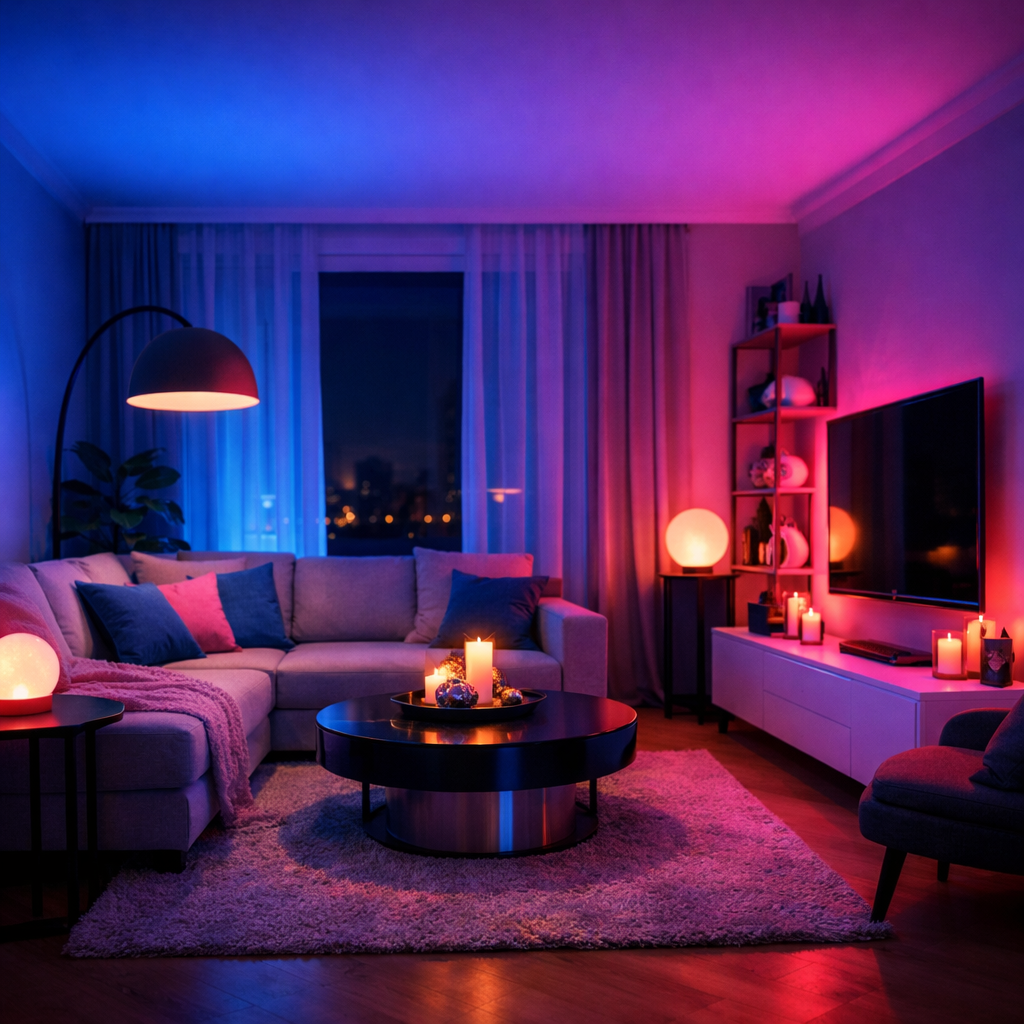 A stylish living room featuring blue and pink lighting, cozy sofa, and warm candlelight.