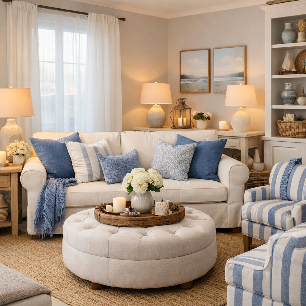 Cozy living room with a blue and white palette, featuring a cream couch, patterned pillows, and natural decor.