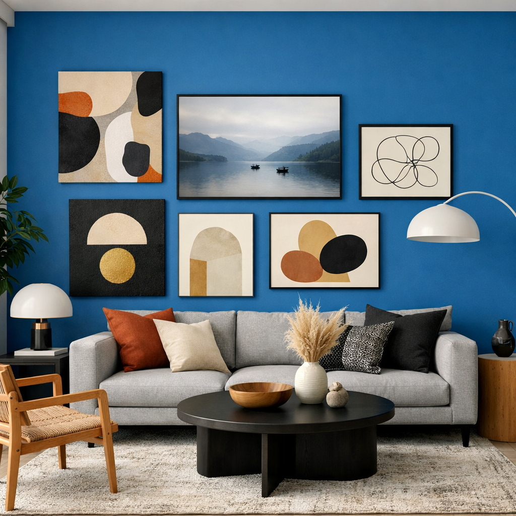 Living room with a bold sky blue wall and various artwork frames.