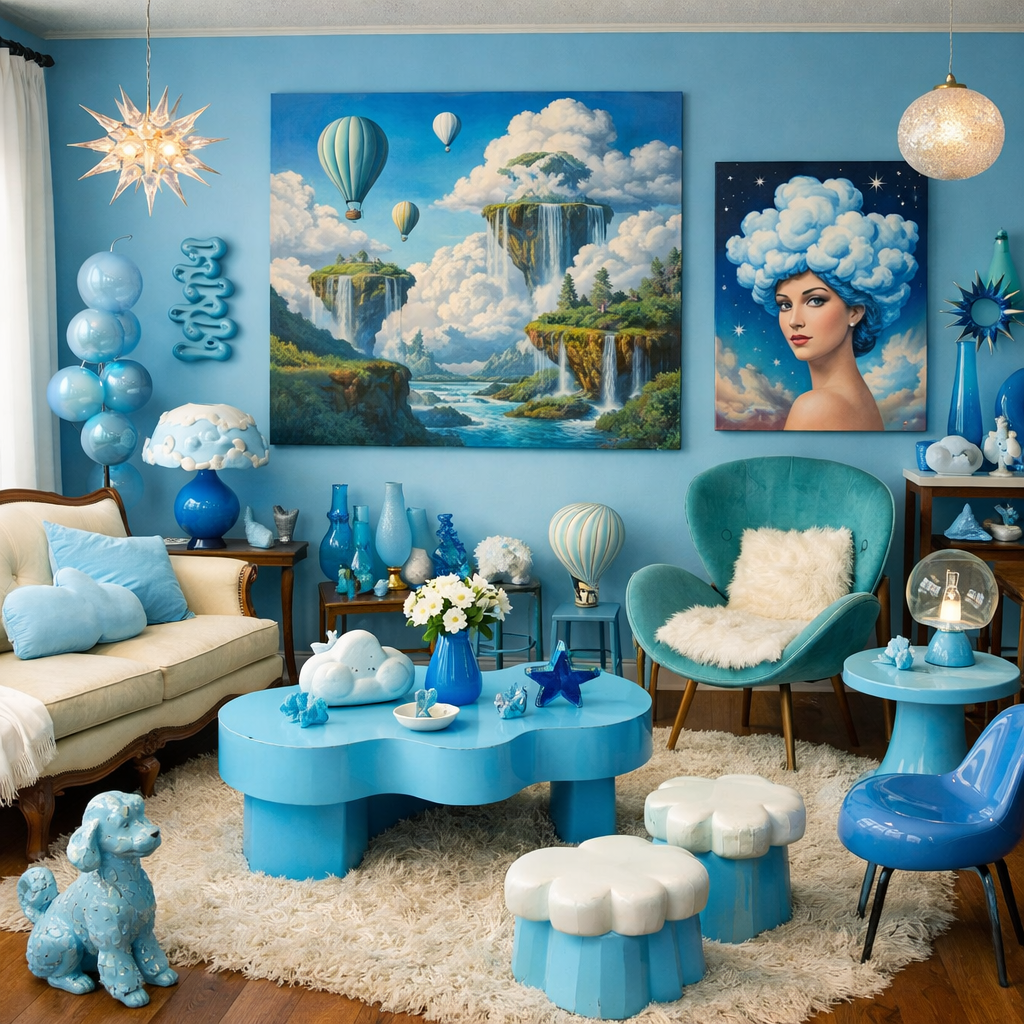 A beautifully decorated living room in sky blue with eclectic decor elements