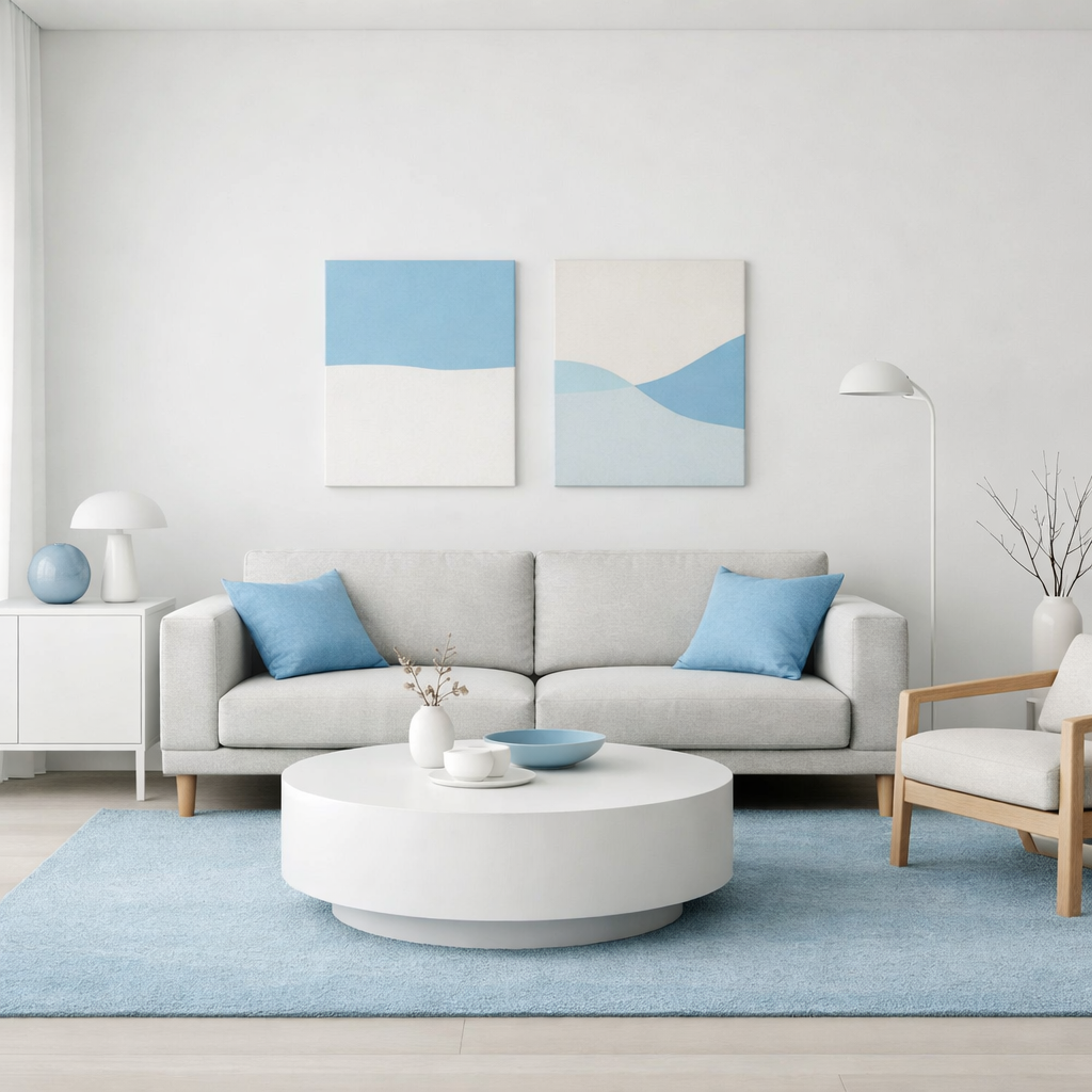 A minimalist sky blue living room featuring a light gray couch with blue pillows, a round coffee table, and blue art pieces on the wall.