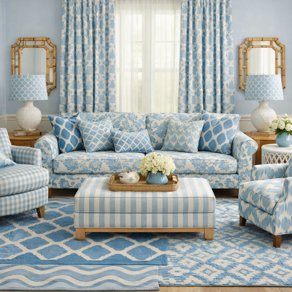 Living room with a sky blue color scheme featuring various patterns on furniture and decor