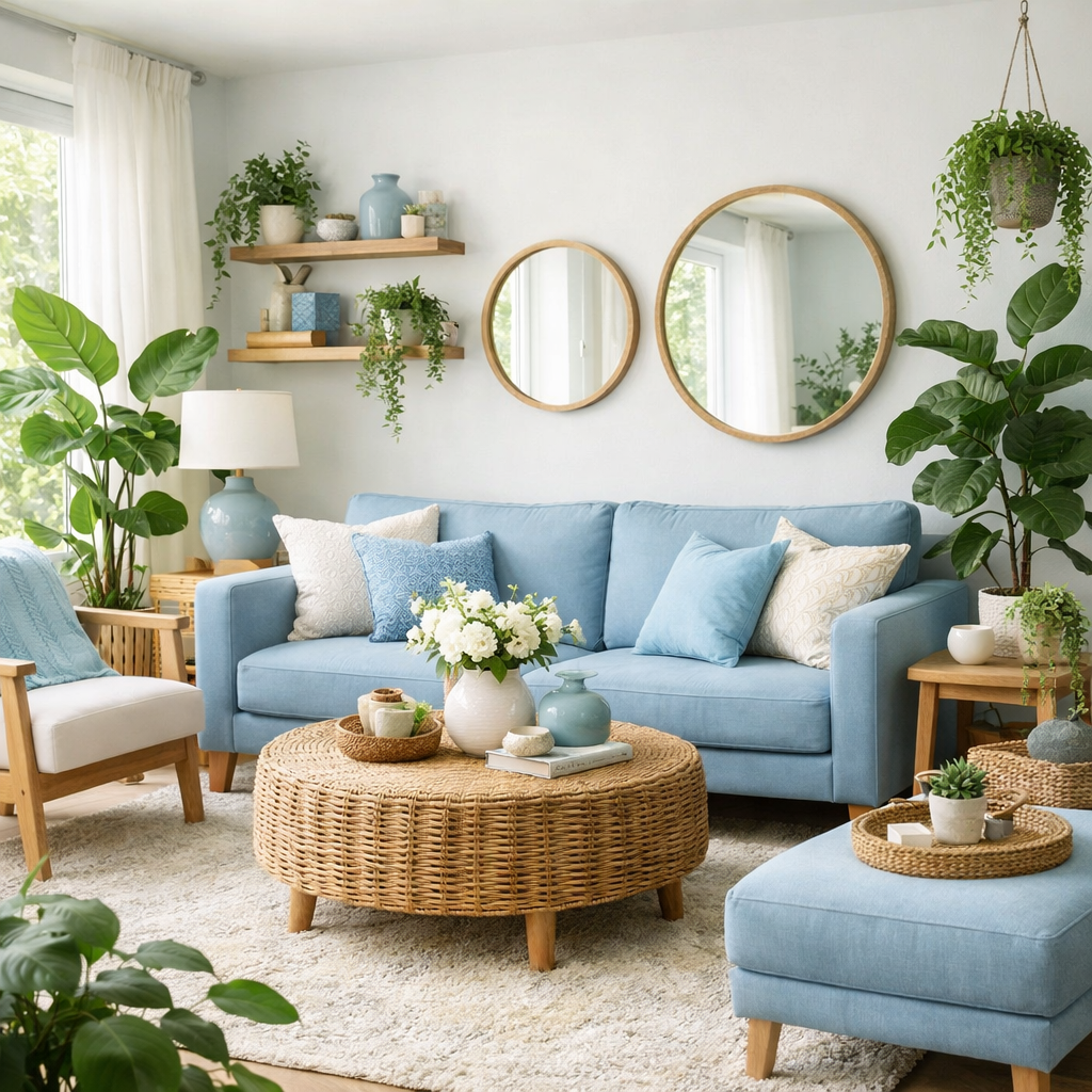 A cozy living room with a sky blue sofa, greenery, and natural decor elements.
