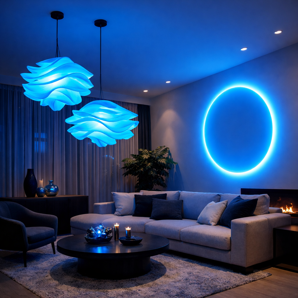 Modern living room with sky blue lighting fixtures