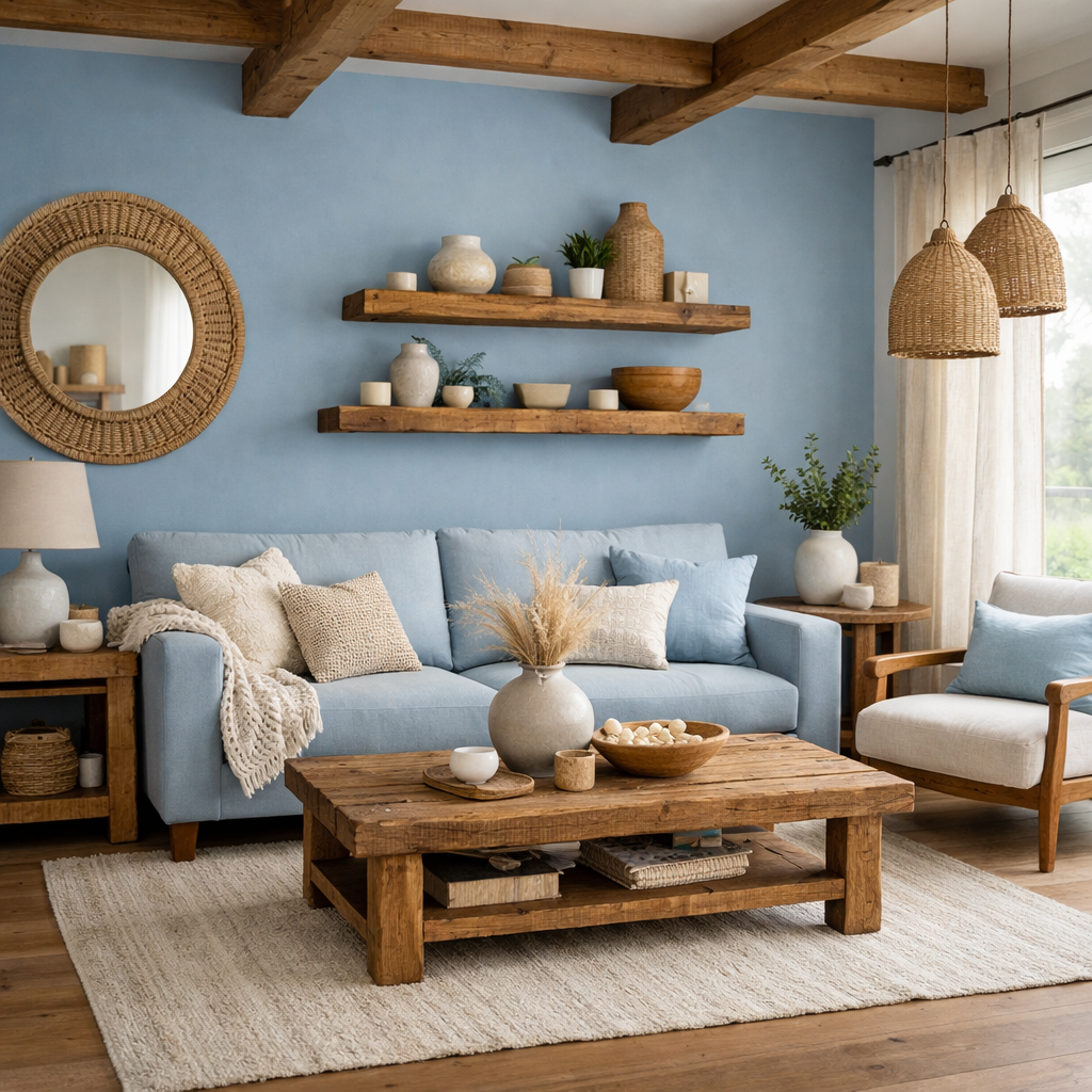 A cozy living room with sky blue walls and natural wood furniture, featuring a blue sofa, wooden shelves, and decorative vases.