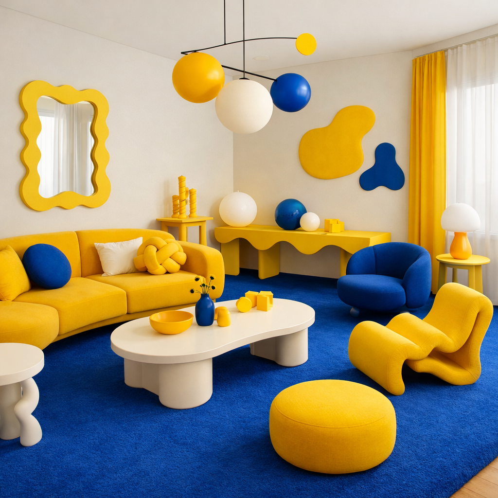 A modern living room featuring a blue carpet, yellow furniture, and playful decor.
