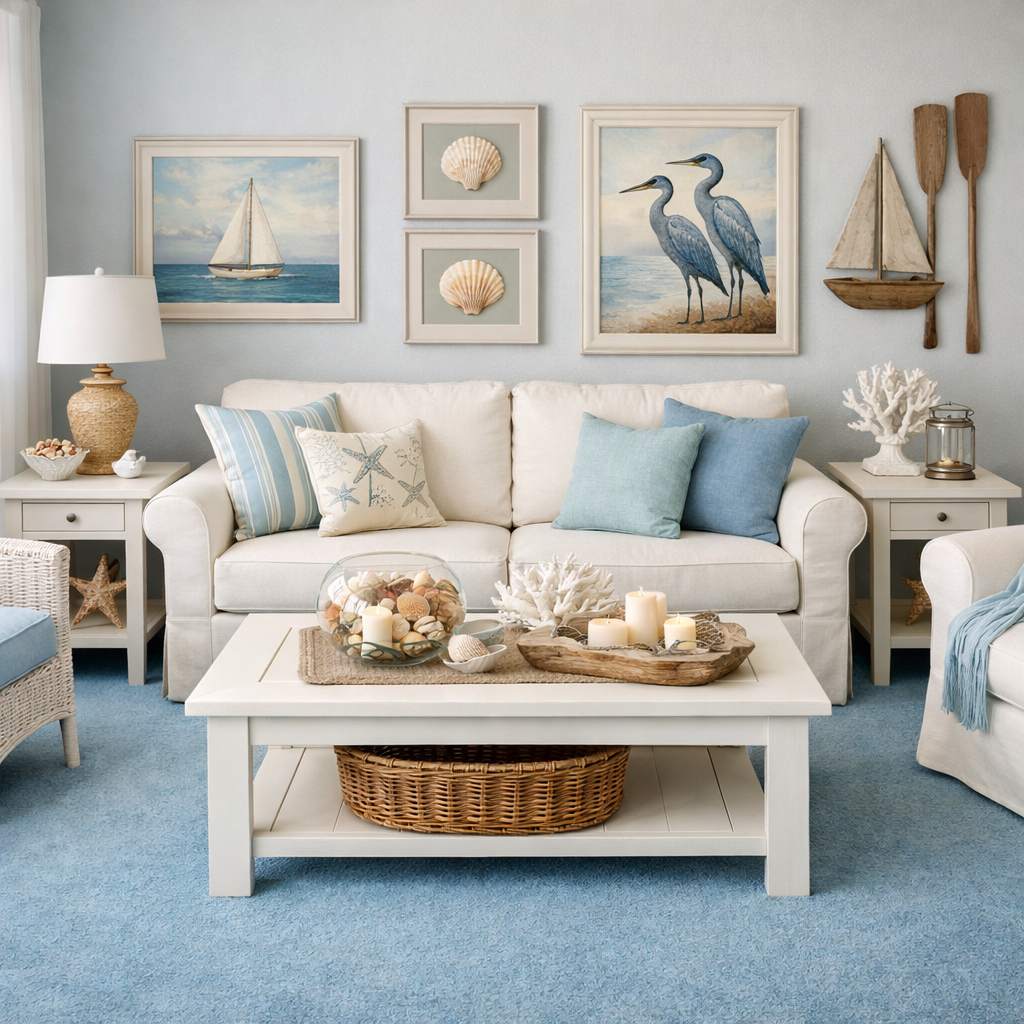 A cozy living room with a blue carpet, white furniture, coastal decor, and nautical artwork.