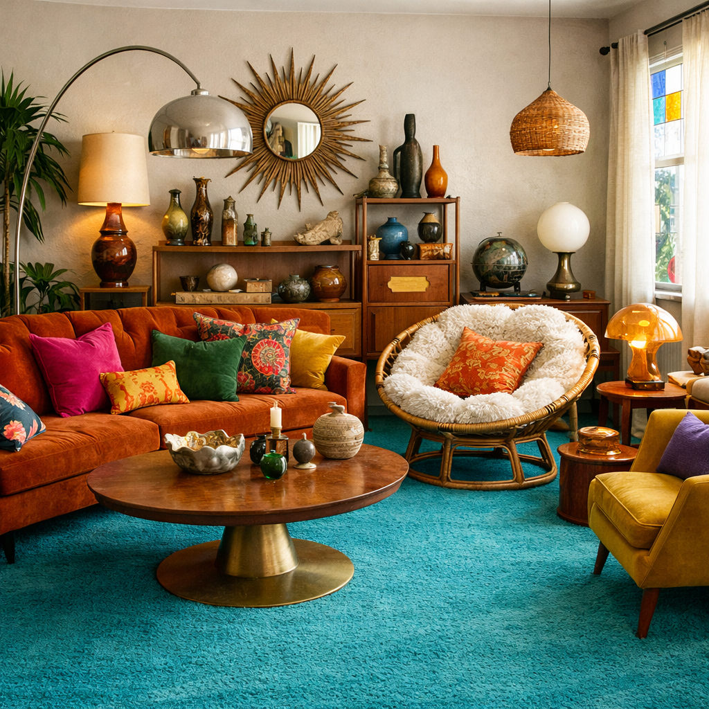 A vibrant living room with a turquoise carpet, eclectic furnishings, and colorful decor.