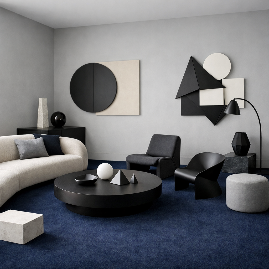 A modern living room featuring navy blue carpet, minimalist furniture, and geometric decor.