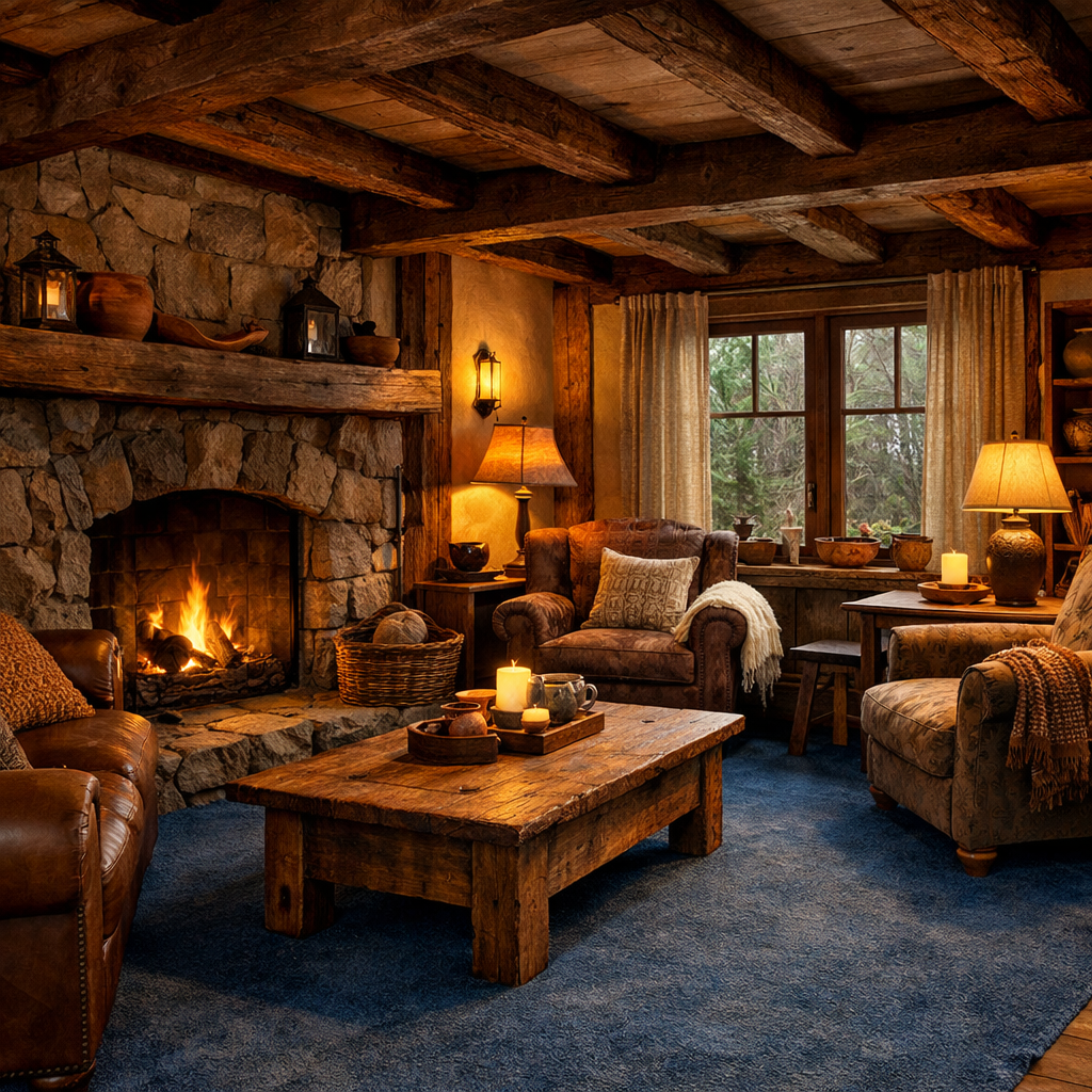 Rustic living room with denim blue carpet, wooden beams, and cozy fireplace