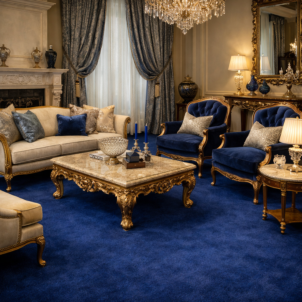 A sophisticated living room featuring a royal blue carpet, elegant furniture, and tasteful decor.