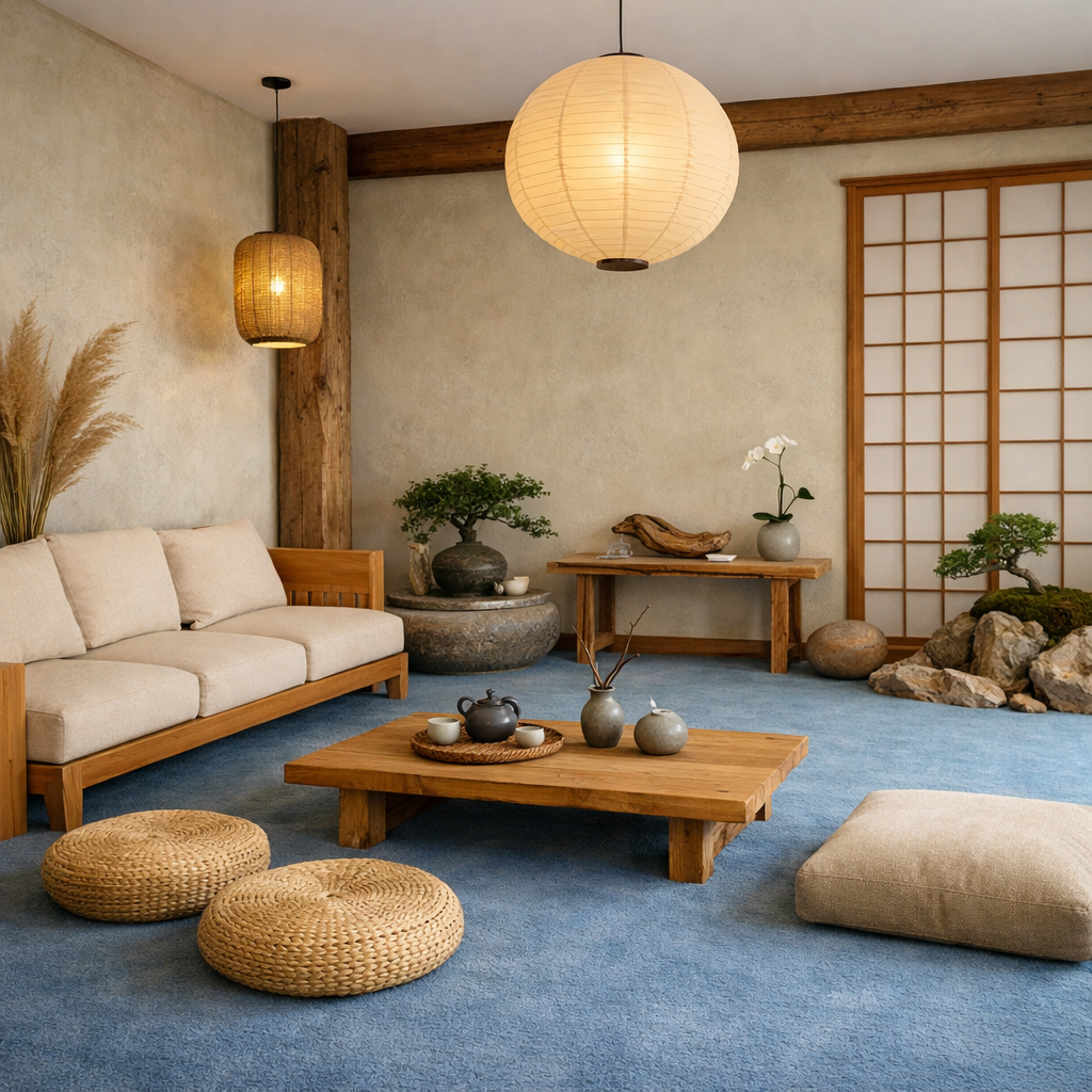 A cozy living room with a soft blue carpet, natural wood furniture, and minimalistic decor, creating a tranquil Zen atmosphere.