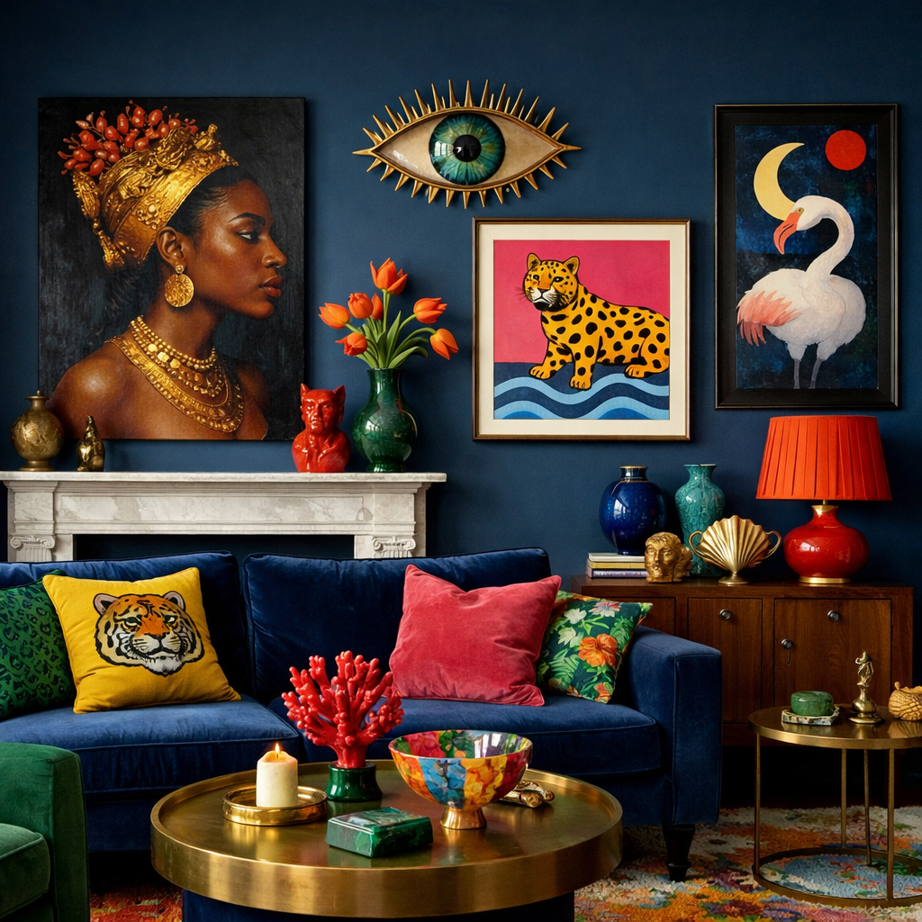 A living room with Hague blue walls featuring a mix of vibrant artworks, decorative items, and cozy furniture.