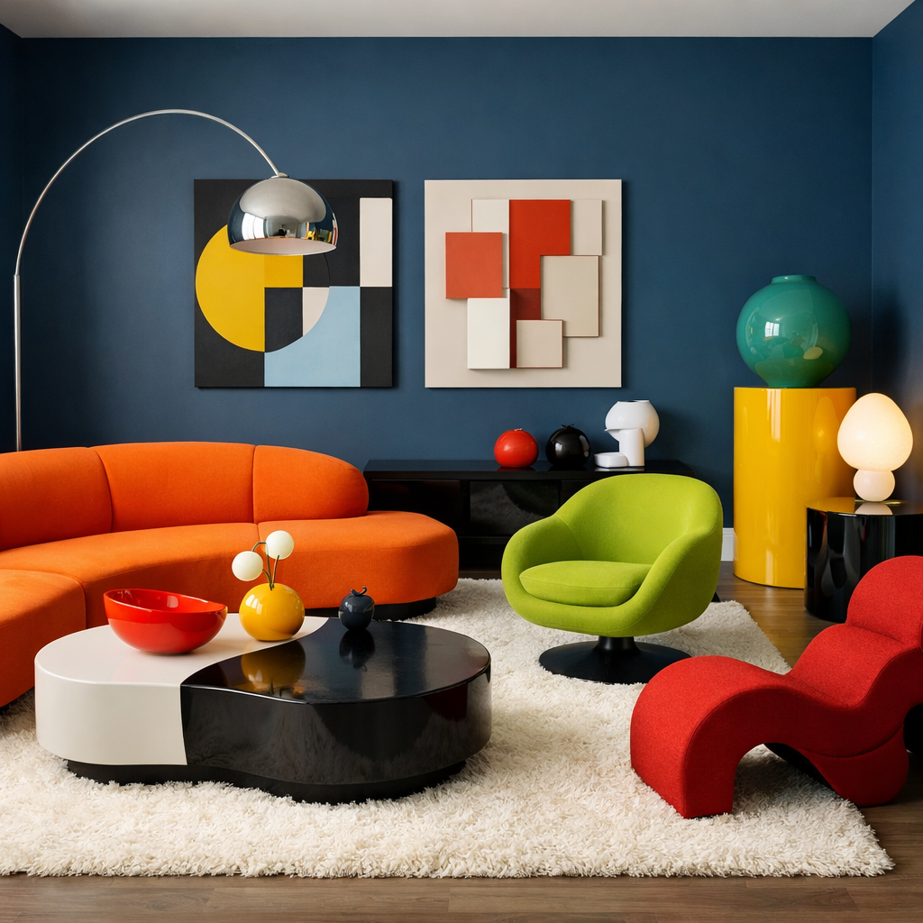 A vibrant living room featuring Hague blue walls, an orange sectional sofa, a green chair, and a unique coffee table.