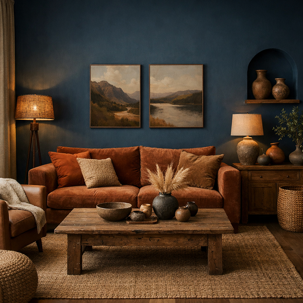 A living room featuring Hague Blue walls and earthy tones with rustic furniture