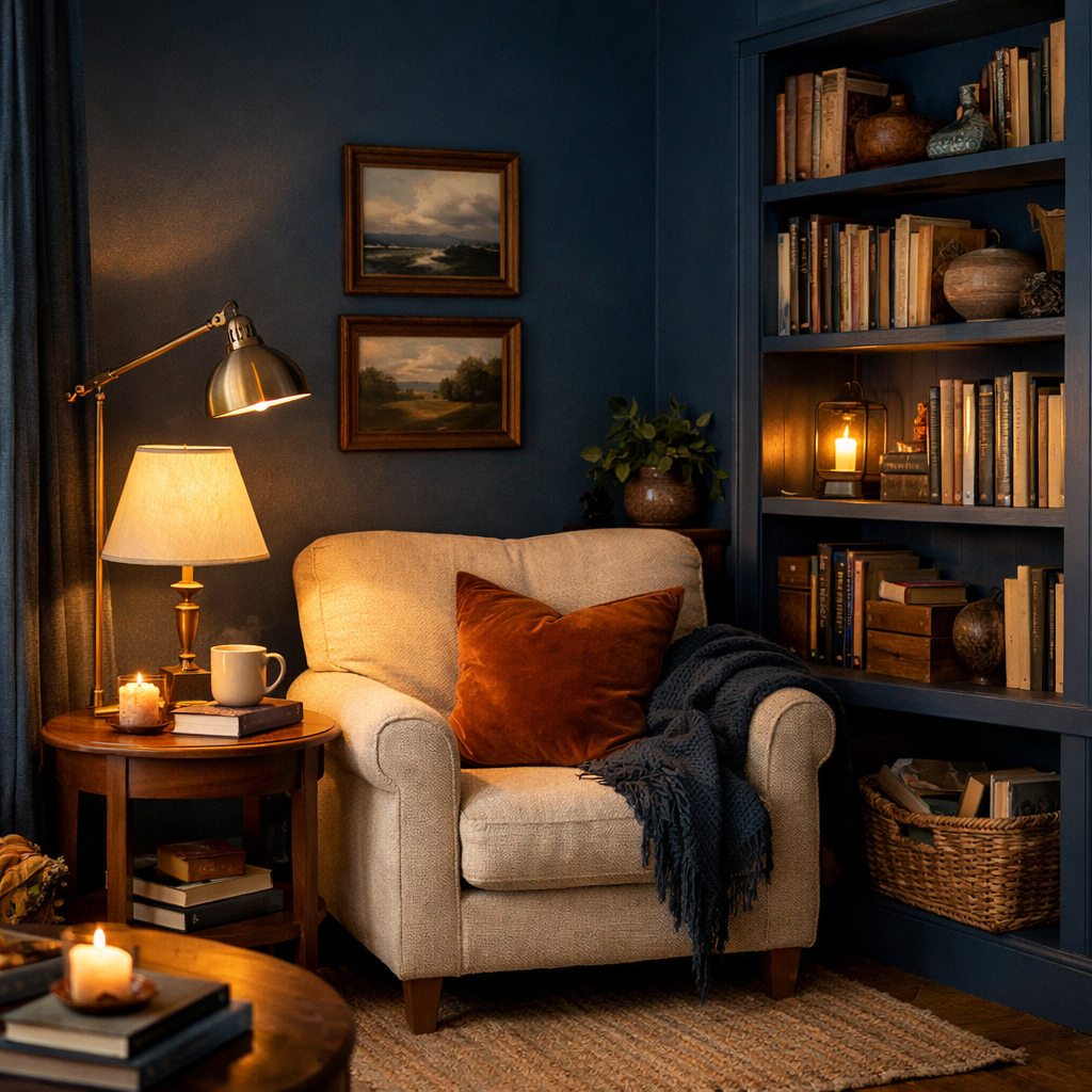 A cozy reading nook in a Hague Blue living room featuring an armchair, side table, and bookshelf