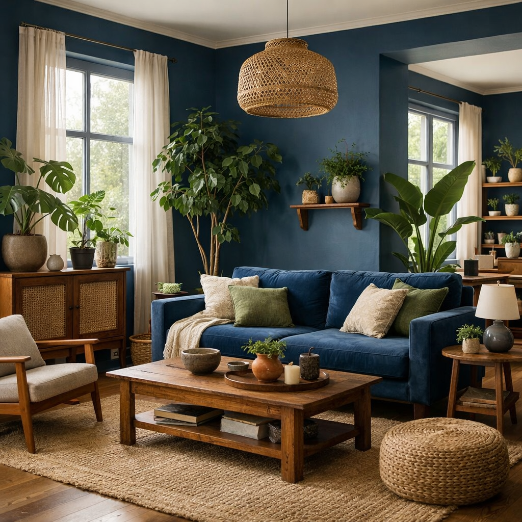 A cozy living room featuring Hague blue walls, natural plants, and earthy decor elements.