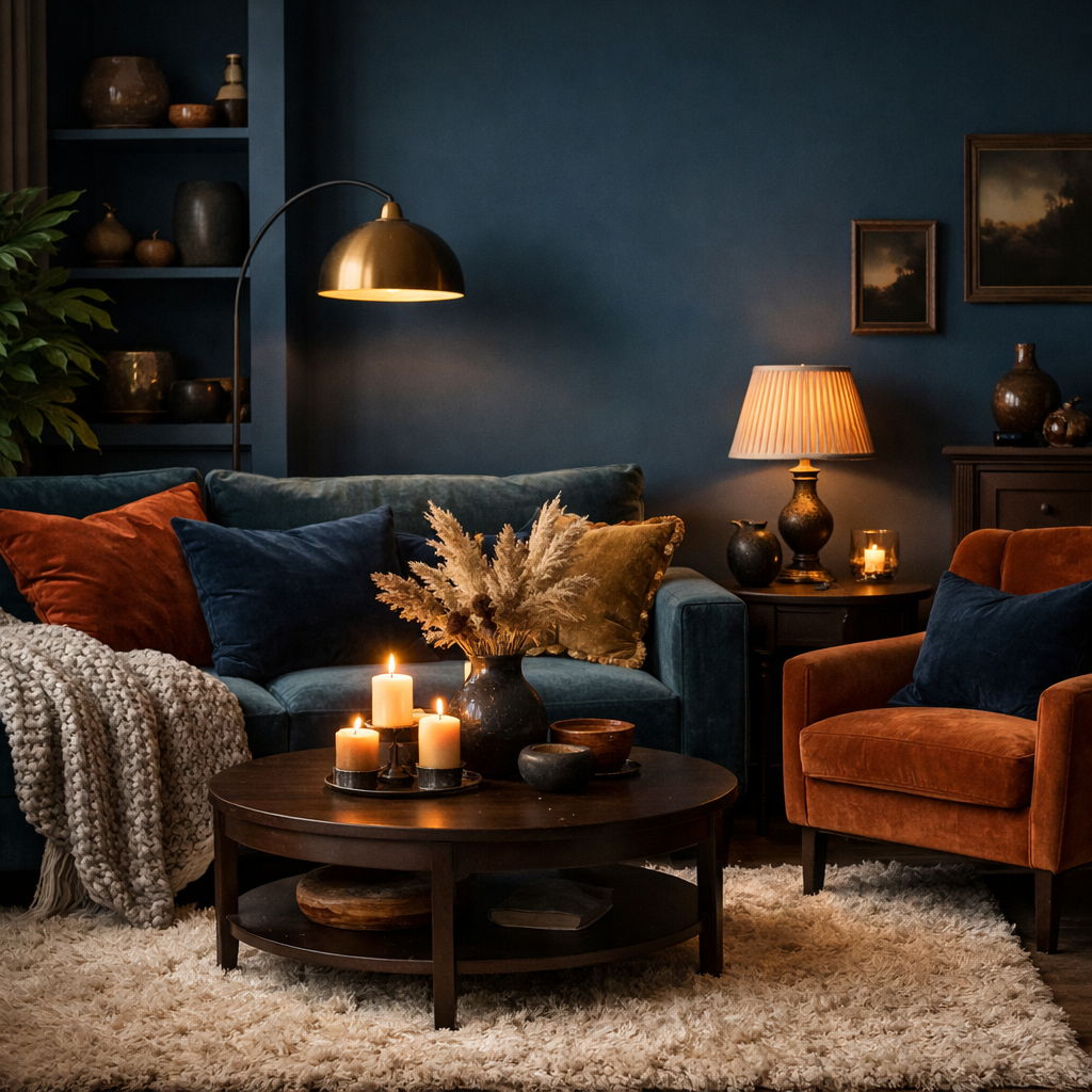 A cozy living room featuring Hague Blue walls, a plush sofa, layered cushions, and warm lighting.