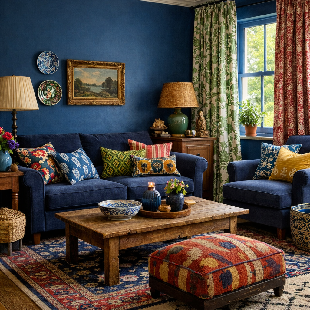 A cozy living room featuring Hague blue walls, a navy sofa with mixed pattern cushions, and a rustic wooden coffee table.