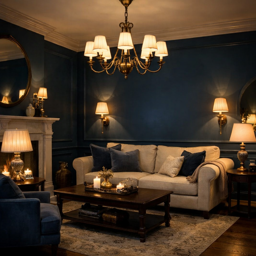 Elegant living room with Hague blue walls and sophisticated lighting fixtures.