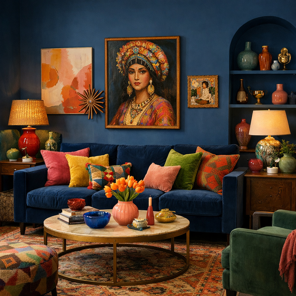 A cozy living room featuring Hague Blue walls, a blue velvet sofa with colorful pillows, and eclectic decorative accessories that enhance the space.