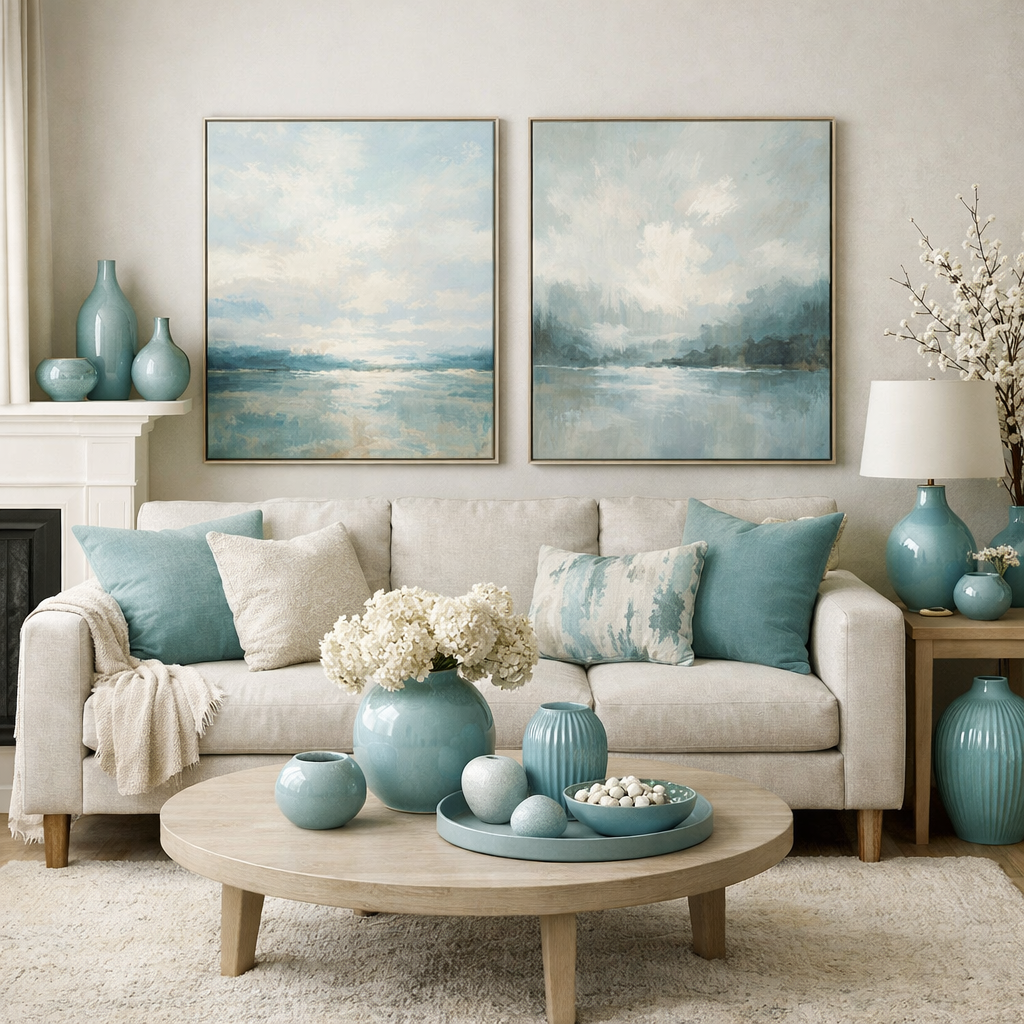 A beautifully decorated living room featuring duck egg blue decor, including art, cushions, and vases.