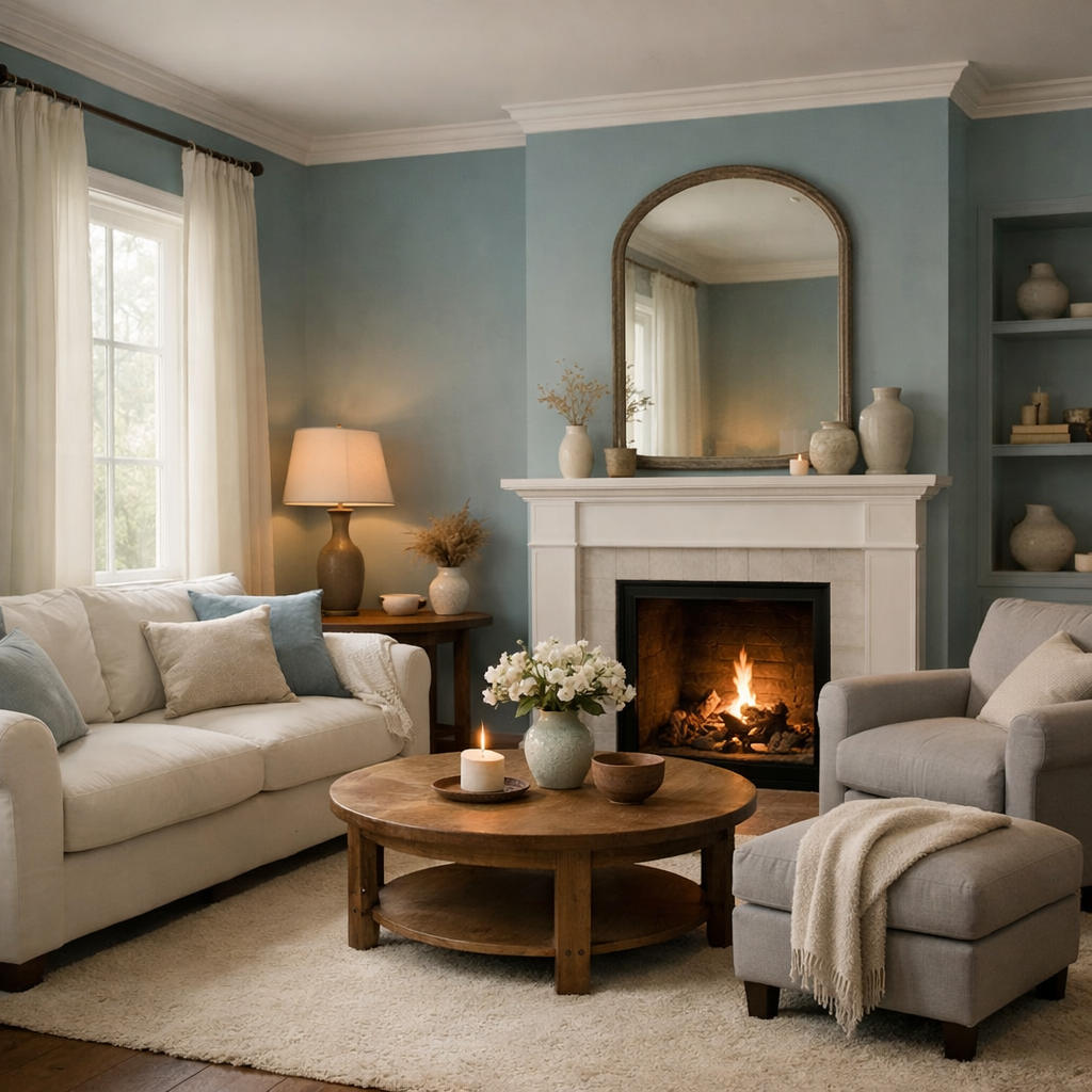 A cozy living room featuring duck egg blue walls, a comfortable sofa, and a warm fireplace, creating a calming atmosphere.
