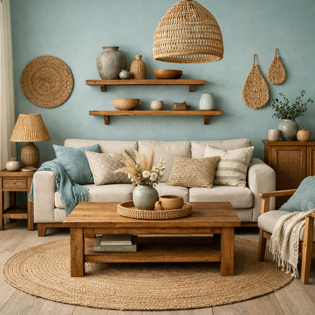 A cozy living room featuring duck egg blue walls, natural textures, and wooden furniture.