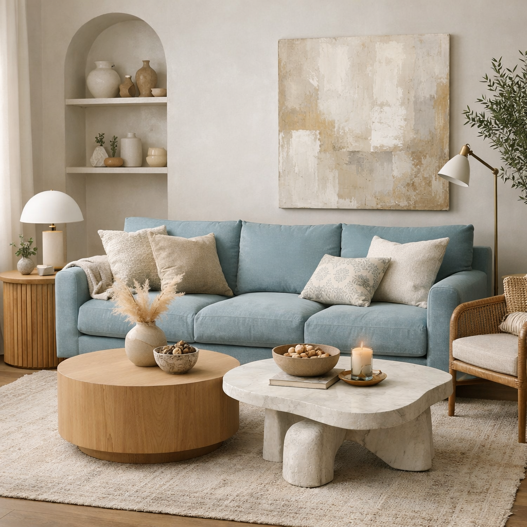 A stylish living room featuring a duck egg blue couch, wooden tables, and decorative items.