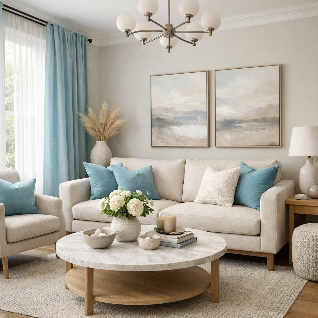 A cozy living room featuring duck egg blue accents in pillows and curtains, with a neutral sofa and a round marble coffee table.