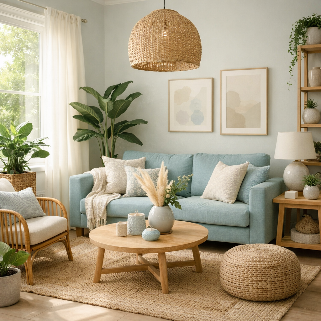 A cozy living room featuring a duck egg blue sofa, greenery, and natural decor elements.