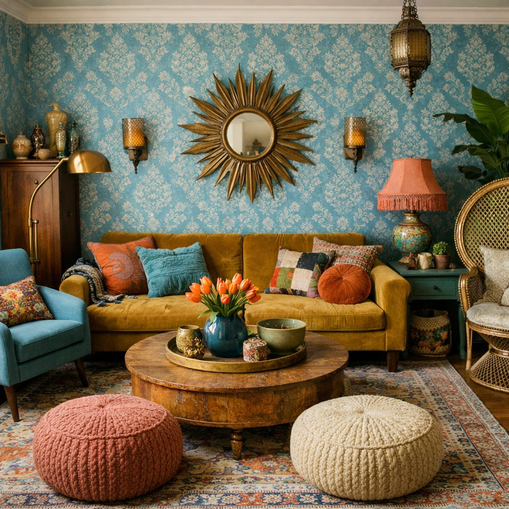 A cozy living room with duck egg blue wallpaper, mustard couch, and colorful patterned decor.